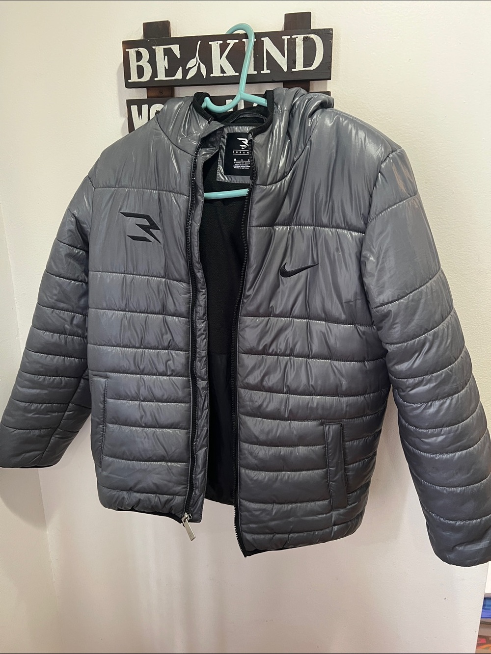 Nike Gray Quilted Hooded Puffer Jacket with Subtle Logos